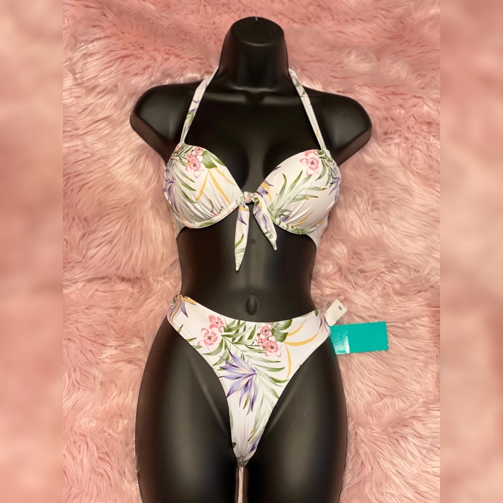 Bikini Set High Waisted Tropical Print Halter Top